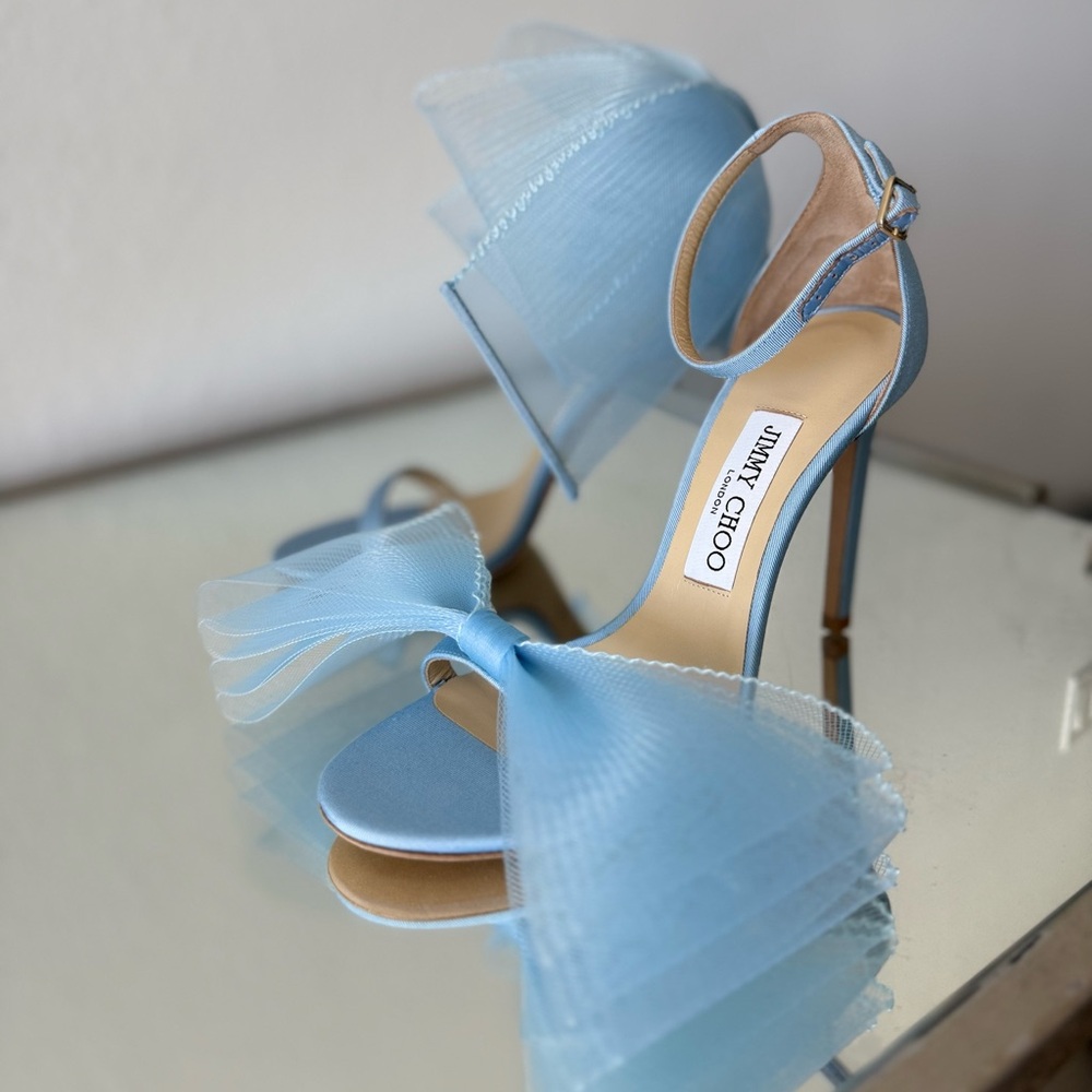 New Jimmy Choo Blue Aveline 100 Bow-trimmed Sandals $1,195 37.5 - Picture 6 of 13